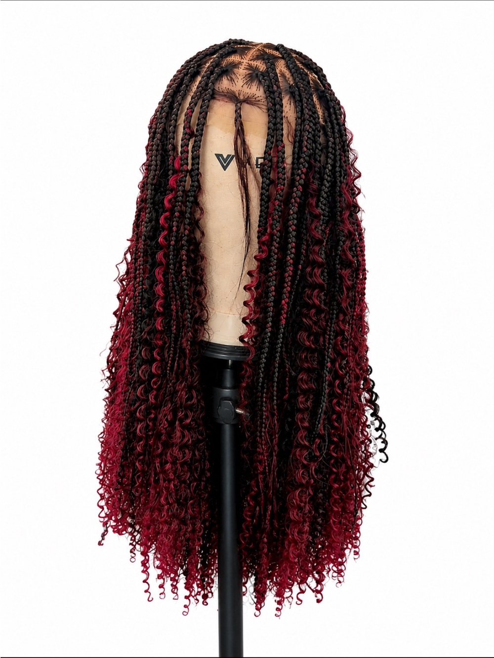 Full lace knotless boho braids braided Wig – Black and Deep Red highlights